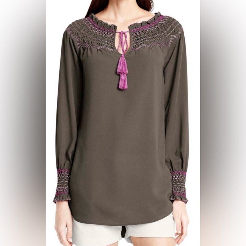 Lands’ End Tunic Top Blouse Brown Smocked Detail Neck Sleeves Tassel Tie Size 10